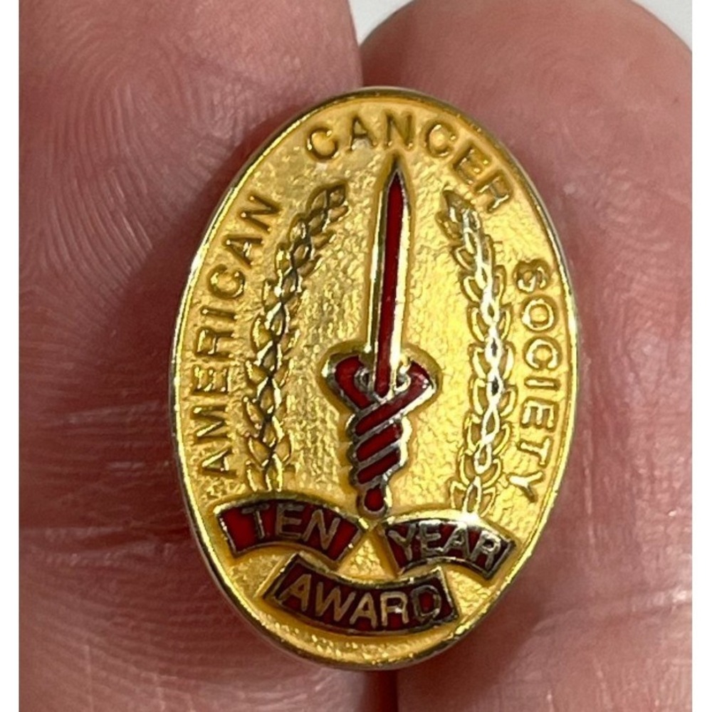 Vintage American Cancer Society 10 Year Award Pin Gold Tone Service Ribbon